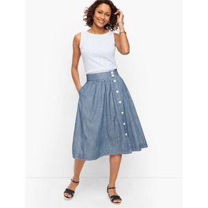 Talbots Chambray Midi Skirt Side Buttons Casual Size 12 Petite NWT